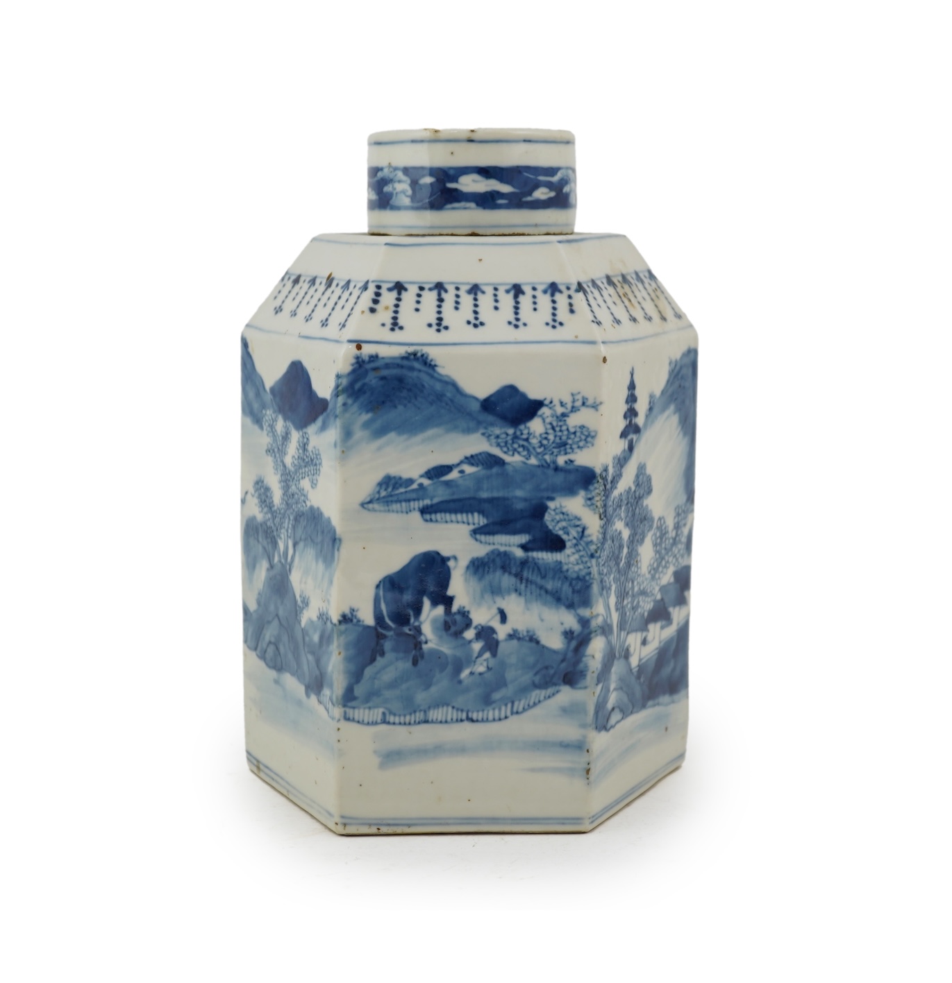 A Chinese blue and white ‘landscape’ hexagonal jar and cover, late 19th century